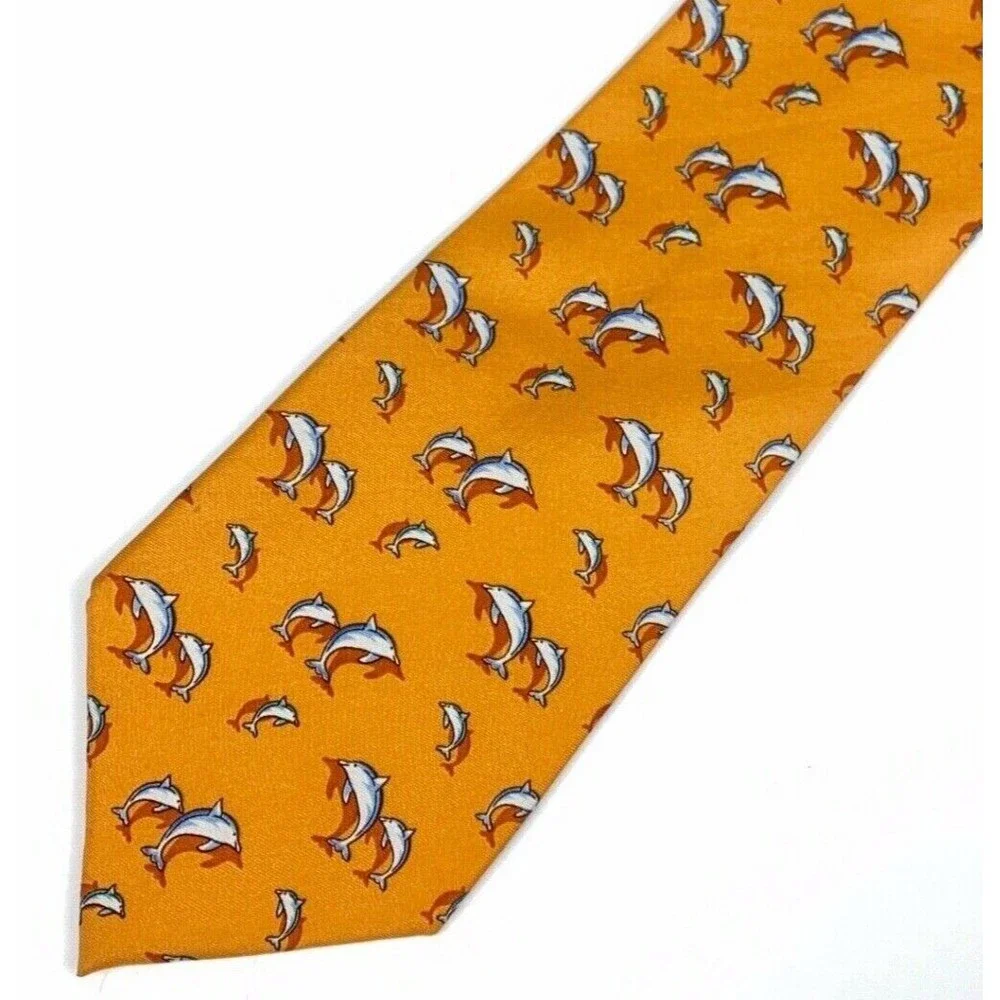 TANGO Tie Orange All Silk Marine Animal Dolphins Men's Necktie Made in Korea 58